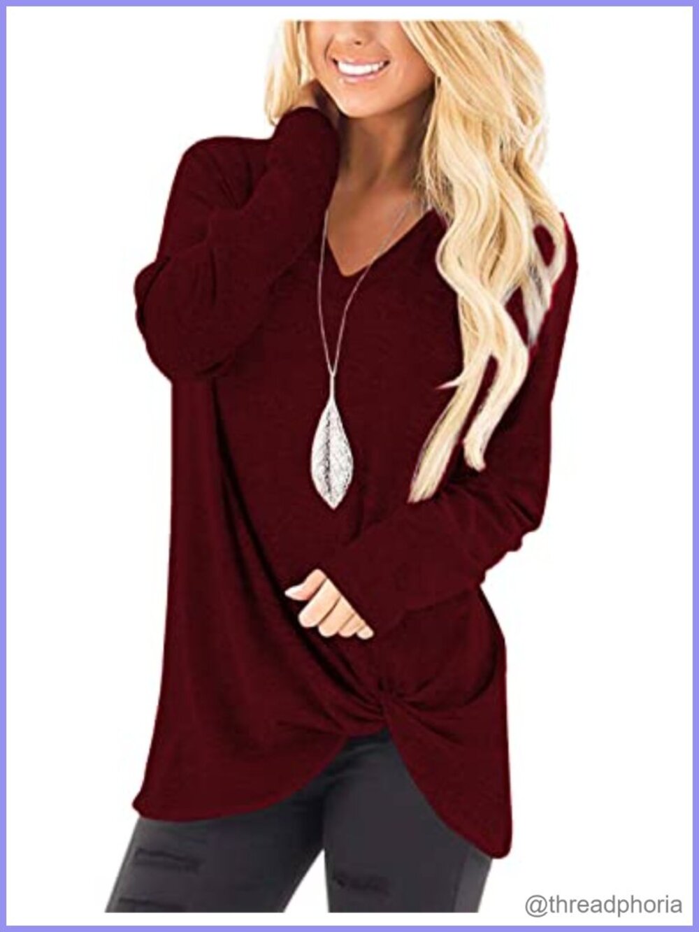 Women's Long Sleeve V-Neck Twist Knot Tunic Top Loose Fit Fall Shirt
